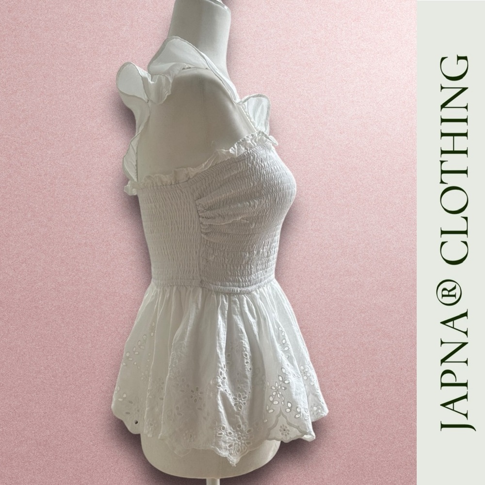 NWOT Japna White Eyelet Smocked Ruffle Strap Top, Size S, MSRP $35 - Picture 2 of 5